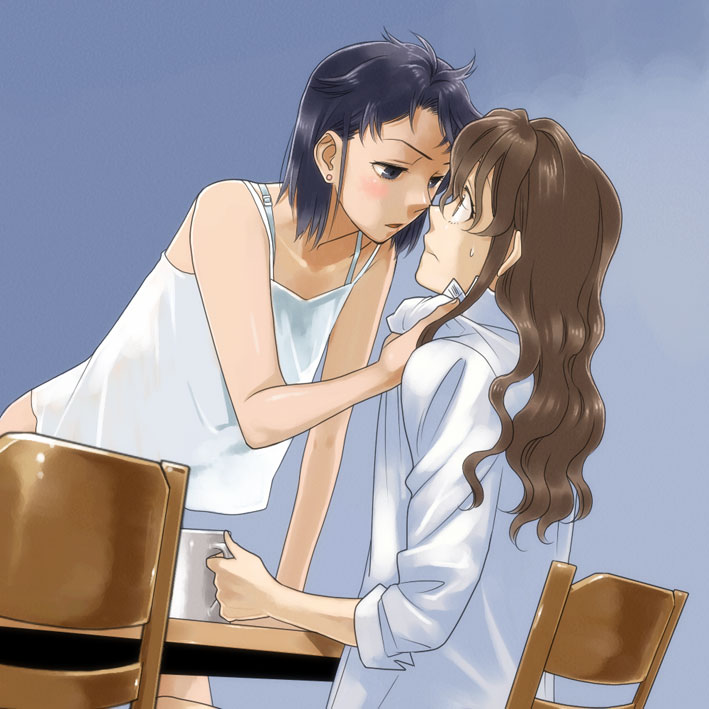 black_eyes, black_hair, blush, bra_strap, brown_eyes, brown_hair, camisole, chair