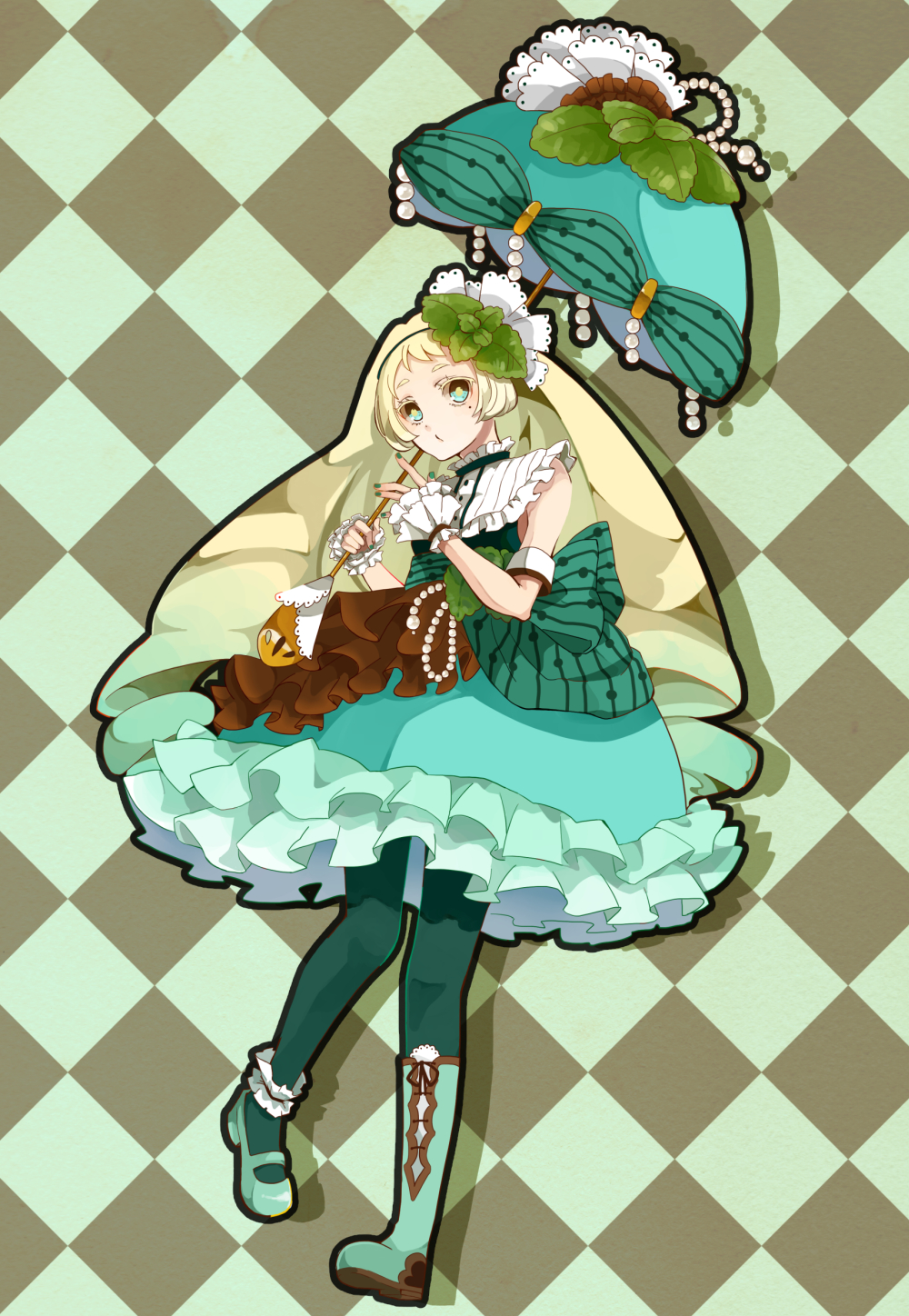 1girl, blonde_hair, blue_boots, blue_eyes, blue_legwear, boots, checkered, checkered_background, chocolate_mint_ice_cream, fingernails, flower, food, food_themed_clothes, hair_flower, hair_ornament, highres, ice_cream, mizuuming, original, over_shoulder, parasol, pearl, personification, pocketland, solo, umbrella