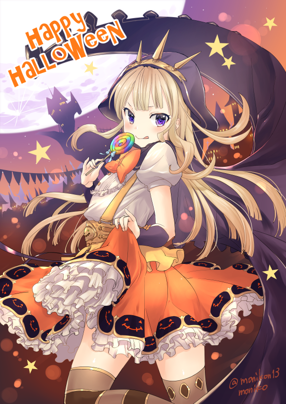 1girl, :q, artist_name, blonde_hair, brown_legwear, buttons, cagliostro_(granblue_fantasy), candy
