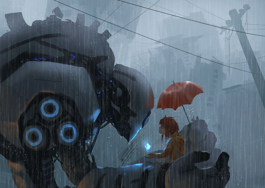 1girl, glowing, original, rain, redhead, robot, umbrella, utility_pole_(object)