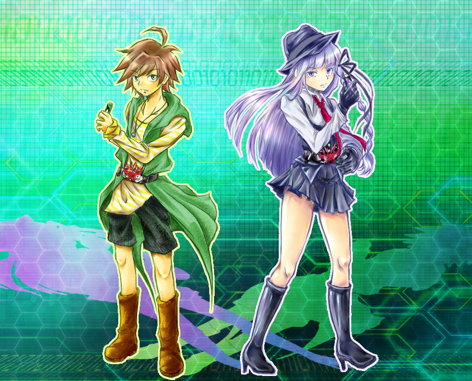 1boy, 1girl, brown_hair, cosplay, crossover, dangan_ronpa, dangan_ronpa_1, fedora