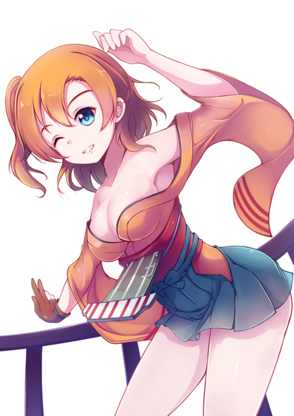 1girl, bare_shoulders, blue_eyes, blue_skirt, bow, breasts, cleavage, cosplay