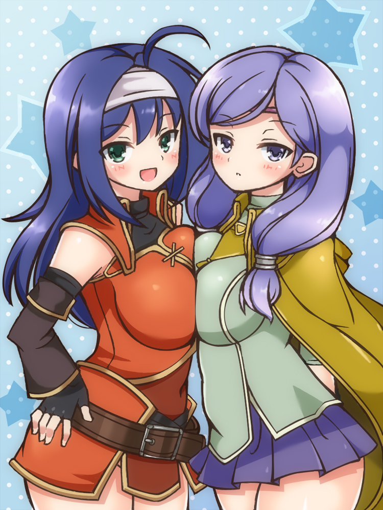 2girls, :d, ahoge, arms_behind_back, belt, blue_hair, blush, breast_press