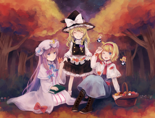 3girls, ;d, alice_margatroid, apron, arm_support, autumn, autumn_leaves, basket