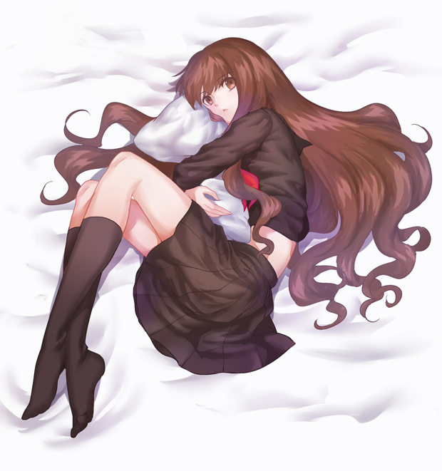 1girl, brown_eyes, brown_hair, fate/extra, fate_(series), kishinami_hakuno_(female), long_hair, lying