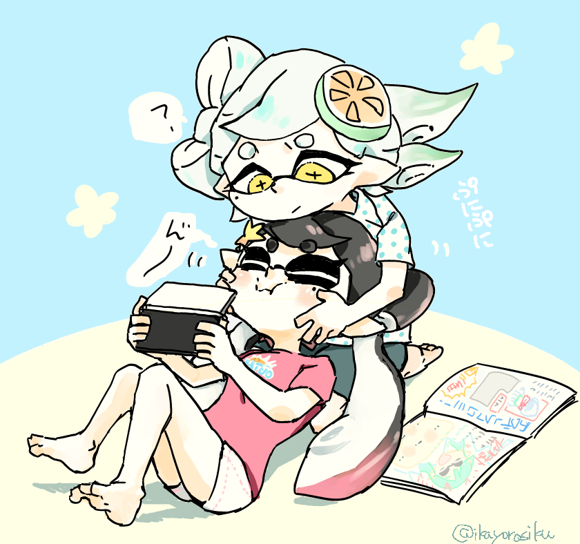 2girls, black_hair, blush, callie_(splatoon), cheek_squash, closed_eyes, food, food_on_head, game_console, lap_pillow, long_hair, magazine, marie_(splatoon), mask, mole, mole_under_eye, multiple_girls, object_on_head, penguinbu, pointy_ears, short_hair, splatoon, splatoon_(series), tentacle_hair, white_hair