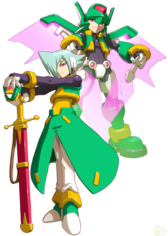 android, armor, capcom, green_hair, helios_(rockman), helmet, mega_man_(series), mega_man_zx, official_art, red_eyes, robot, rockman, rockman_zx, sword, tagme, weapon, wings