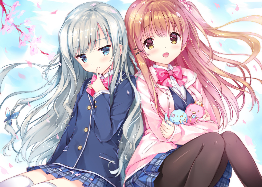 2girls, bangs, bird, black_legwear, bow, bowtie, brown_hair, cherry_blossoms, finger_to_mouth, highres, himeno_sena, holding_animal, kimishima_ao, koi_kakeru_shin-ai_kanojo, long_hair, looking_at_viewer, multiple_girls, one_side_up, pantyhose, petals, plaid, pleated_skirt, school_uniform, shushing, silver_hair, sitting, skirt, smile, thigh-highs, white_legwear, yellow_eyes, zettai_ryouiki