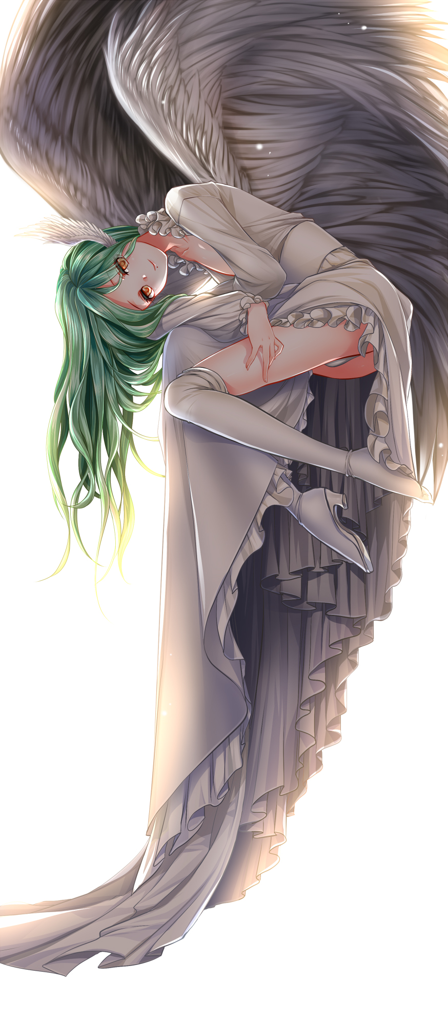 1boy, bangs, brown_eyes, collarbone, dress, eyes_visible_through_hair, feathered_wings, frilled_dress