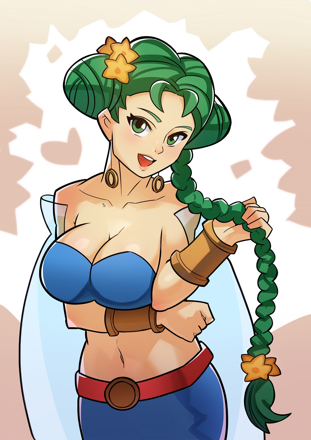 1girl, bare_shoulders, braid, breasts, cleavage, double_bun, earrings, flower
