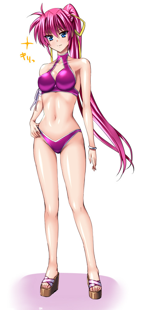 1girl, bare_shoulders, bikini, blue_eyes, blush, bracelet, breasts, cleavage