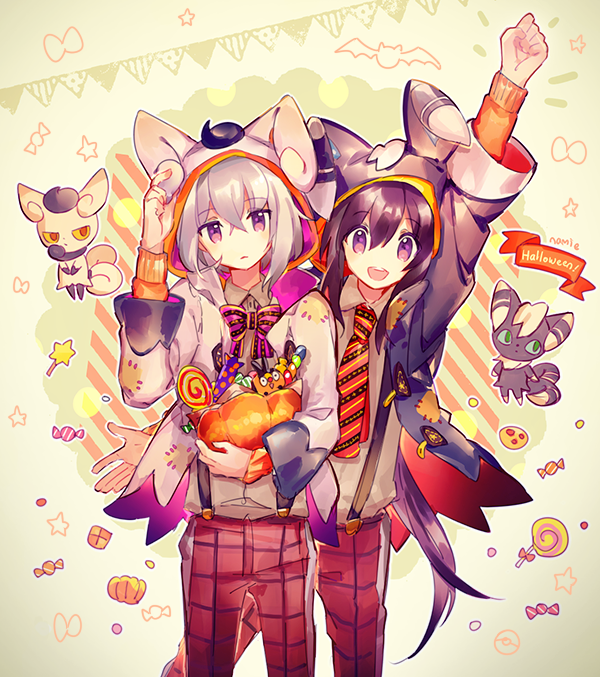 2boys, arm_up, artist_name, bat, bowtie, candy, halloween, honebami_toushirou