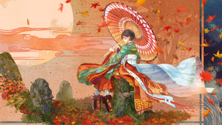 2012, androgynous, autumn_leaves, black_hair, clouds, flower, highres, japanese_clothes