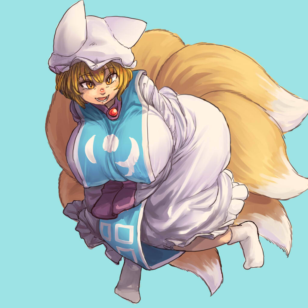 1girl, blonde_hair, blue_background, breasts, chanta_(ayatakaoisii), covered_nipples, dress, fox_tail