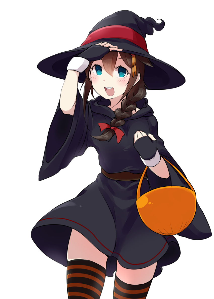 1girl, basket, blue_eyes, braid, female, gloves, halloween, halloween_costume