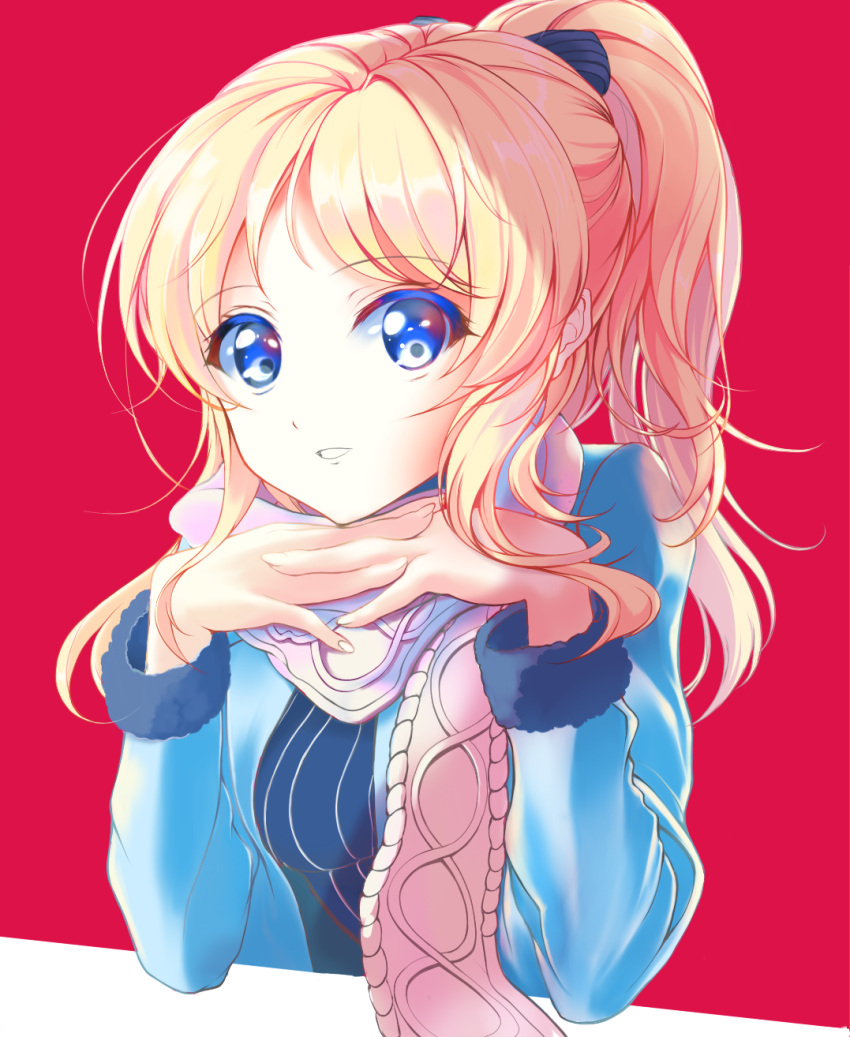 1girl, 41y_(yooichiwai), ayase_eli, blonde_hair, blue_eyes, highres, looking_at_viewer, love_live!_school_idol_project, ponytail, scarf, smile, solo