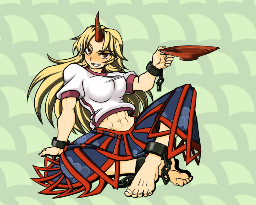 barefoot, blonde_hair, cuffs, feet, grin, horn, horns, hoshiguma_yuugi