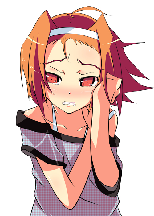 blush, brown_hair, hairband, headband, k-on!, kendo_(artist), long_hair, red_eyes, solo, tainaka_ritsu, tears