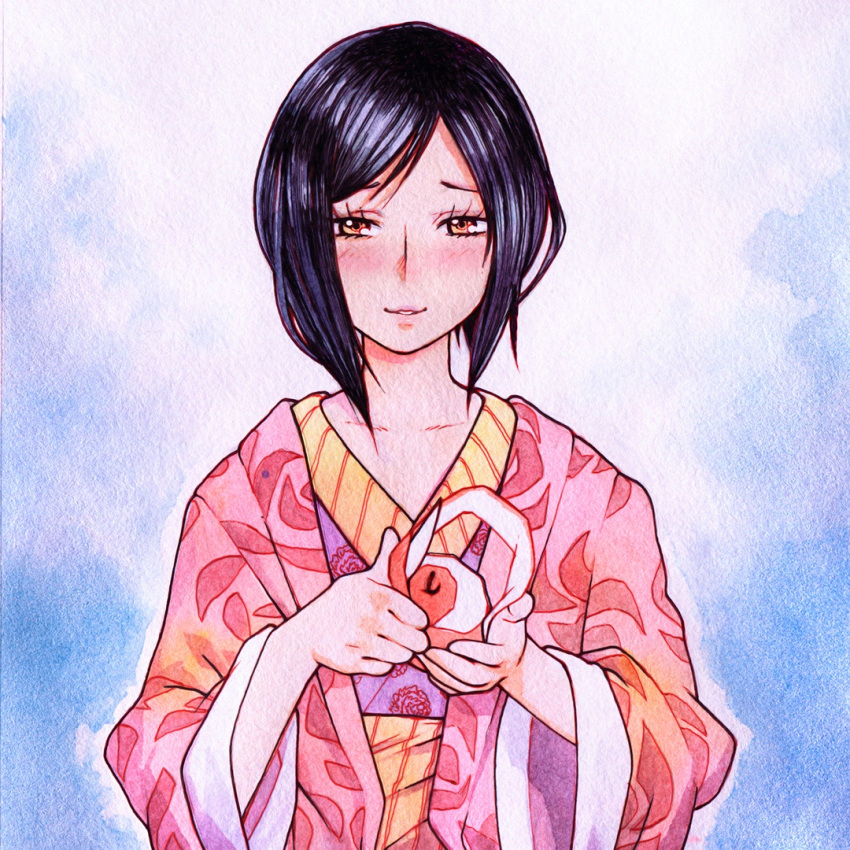 1girl, apple, black_hair, brown_eyes, food, fruit, ilya_kuvshinov, japanese_clothes, knife, natsu_no_zenjitsu, short_hair, solo