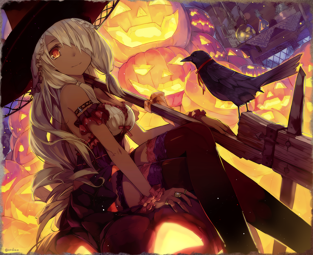 1girl, amagai_tarou, armlet, bandage_over_one_eye, black_legwear, breasts, cleavage, crossed_legs