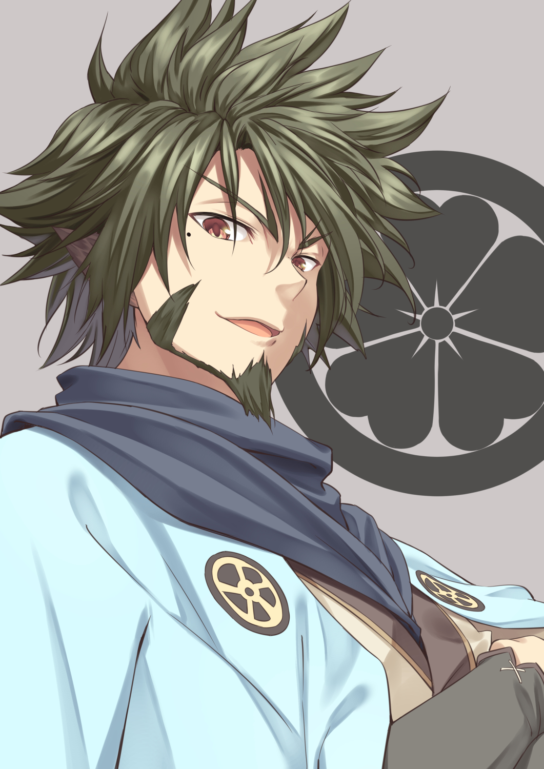 1boy, beard, black_hair, facial_hair, highres, mole, pointy_ears, red_eyes, scarf, solo, tenkuu_nozora, ucon, utawareru_mono, utawareru_mono:_itsuwari_no_kamen