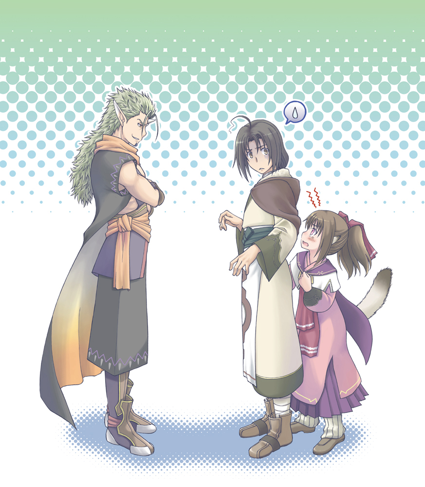 1girl, 2boys, animal_ears, black_hair, brown_eyes, brown_hair, cape, green_hair