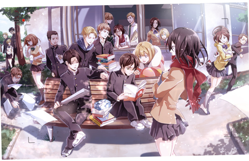 annie_leonhardt, armin_arlert, auruo_bossard, bertholt_fubar, black_hair, blanket, blonde_hair, blue_eyes, brown_hair, christa_renz, conny_springer, erd_gin, eren_jaeger, erwin_smith, fan, gakuran, glasses, gunter_shulz, hanji_zoe, harisen, jean_kirchstein, kawauso, levi_(shingeki_no_kyojin), mikasa_ackerman, mike_zakarius, paper_fan, petra_ral, ponytail, recording, reiner_braun, sasha_braus, scarf, school_uniform, shingeki!_kyojin_chuugakkou, shingeki_no_kyojin, short_hair, skirt, ymir_(shingeki_no_kyojin)