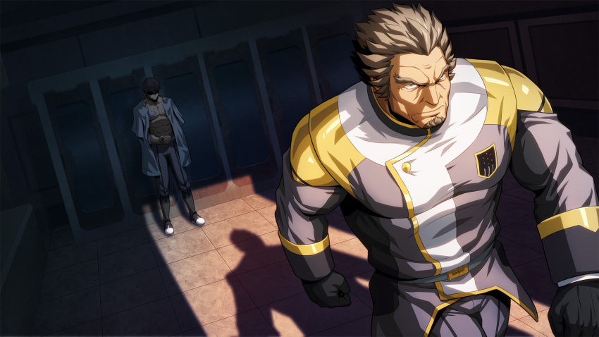 2boys, bandaid, beard, brown_hair, crank_zent, ein_dalton, facial_hair, gloves