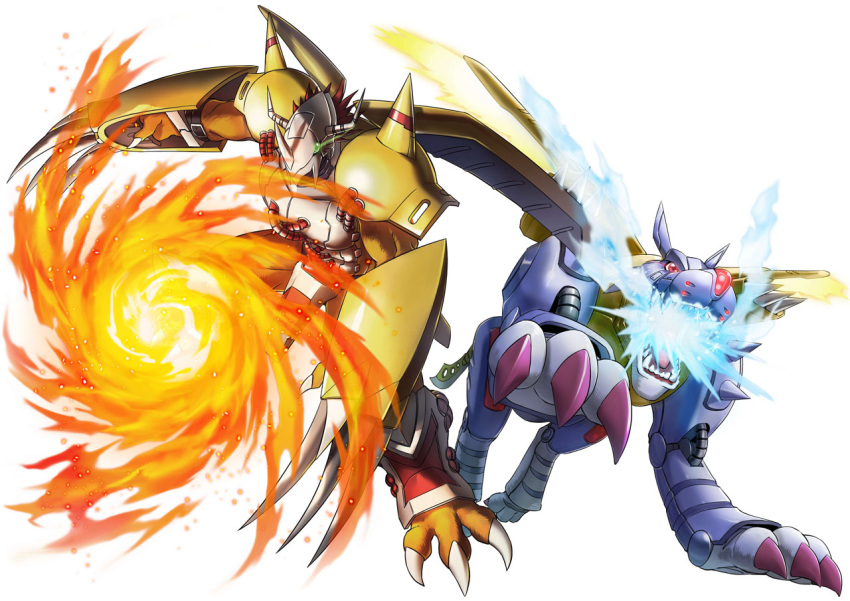 armor, claws, digimon, digimon_world_-next_0rder-, fireball, glowing, glowing_eyes, green_eyes, helmet, horns, metalgarurumon, monster, no_humans, official_art, red_eyes, redhead, teeth, tongue, wargreymon, watanabe_kenji, white_background