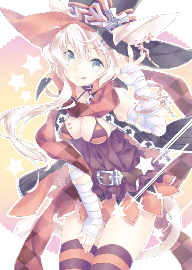 1girl, :q, bandaged_arm, bandages, belt, belt_buckle, bikini_top, blonde_hair