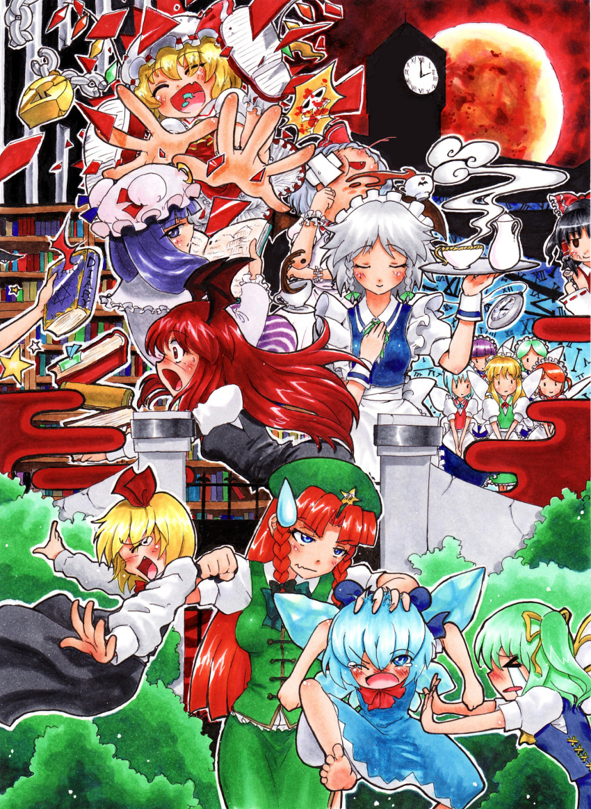 bat_wings, black_hair, blonde_hair, blue_eyes, blue_hair, book, braid, china_dress, chinadress, chinese_clothes, cirno, cup, daiyousei, detached_sleeves, erokosei, flandre_scarlet, green_hair, hair_ribbon, hakurei_reimu, hat, head_wings, headwings, highres, hong_meiling, izayoi_sakuya, kirisame_marisa, koakuma, long_hair, maid, maid_headdress, moon, patchouli_knowledge, pocket_watch, ponytail, prison_break, purple_eyes, purple_hair, red_eyes, red_hair, redhead, remilia_scarlet, ribbon, rumia, short_hair, side_ponytail, silver_hair, tea, teacup, teapot, touhou, traditional_media, twin_braids, violet_eyes, watch, wings