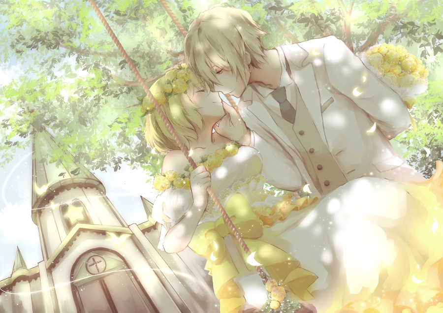 1boy, 1girl, ada_vessalius, blonde_hair, bouquet, breasts, bridal_veil, bride