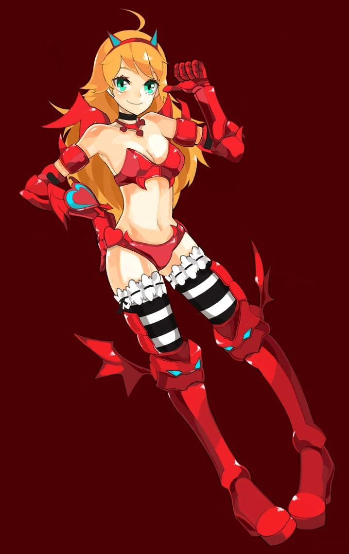 aqua_eyes, armor, bad_id, blonde_hair, breasts, choker, cleavage, demon_wings