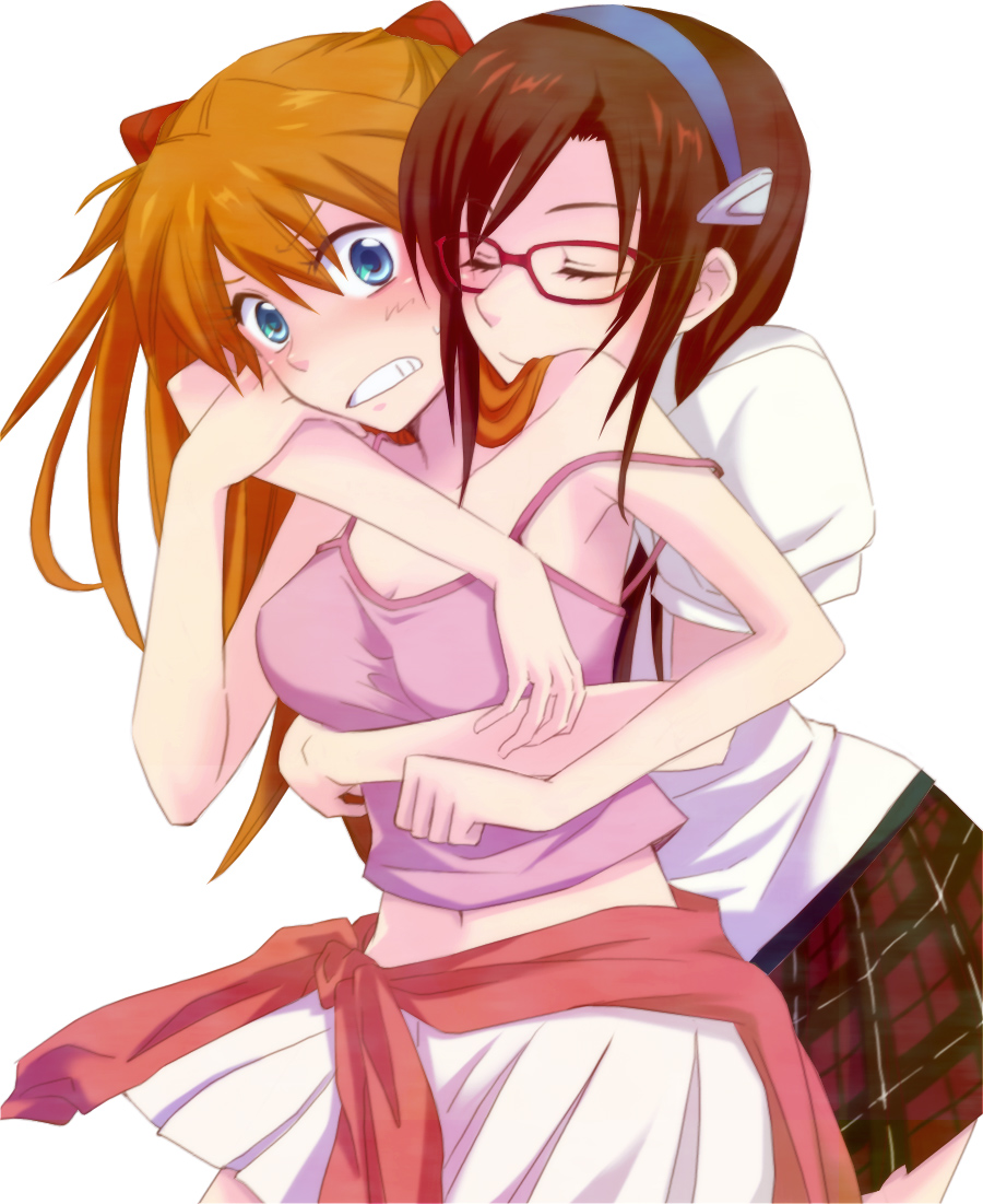 blue_eyes, breasts, brown_hair, cleavage, clenched_teeth, closed_eyes, ebimayo, glasses, hairband, hug, long_hair, makinami_mari_illustrious, midriff, multiple_girls, navel, neon_genesis_evangelion, orange_hair, plaid, plaid_skirt, rebuild_of_evangelion, shikinami_asuka_langley, skirt, smile, souryuu_asuka_langley, strap_slip, sweater_around_waist, tartan, yuri