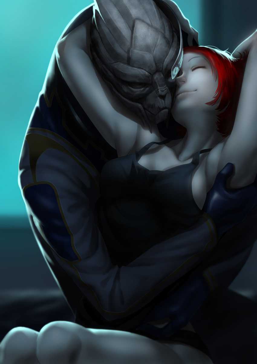 1boy, 1girl, absurdres, alien, arm_around_neck, breasts, casual, closed_eyes