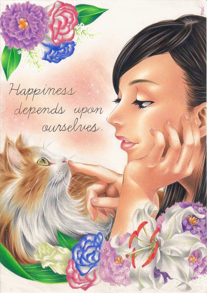 1girl, black_hair, brown_eyes, cat, chin_rest, colored_pencil_(medium), english, eyelashes, finger_to_another's_nose, fingernails, flower, flower_border, from_side, fur, lips, long_hair, looking_at_another, maitamu, norwegian_forest_cat, parted_lips, signature, traditional_media, turkish_bellflower, whiskers