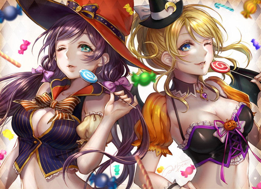 2girls, aqua_eyes, arm_garter, ayase_eli, bat_wings, blonde_hair, blue_eyes, blush