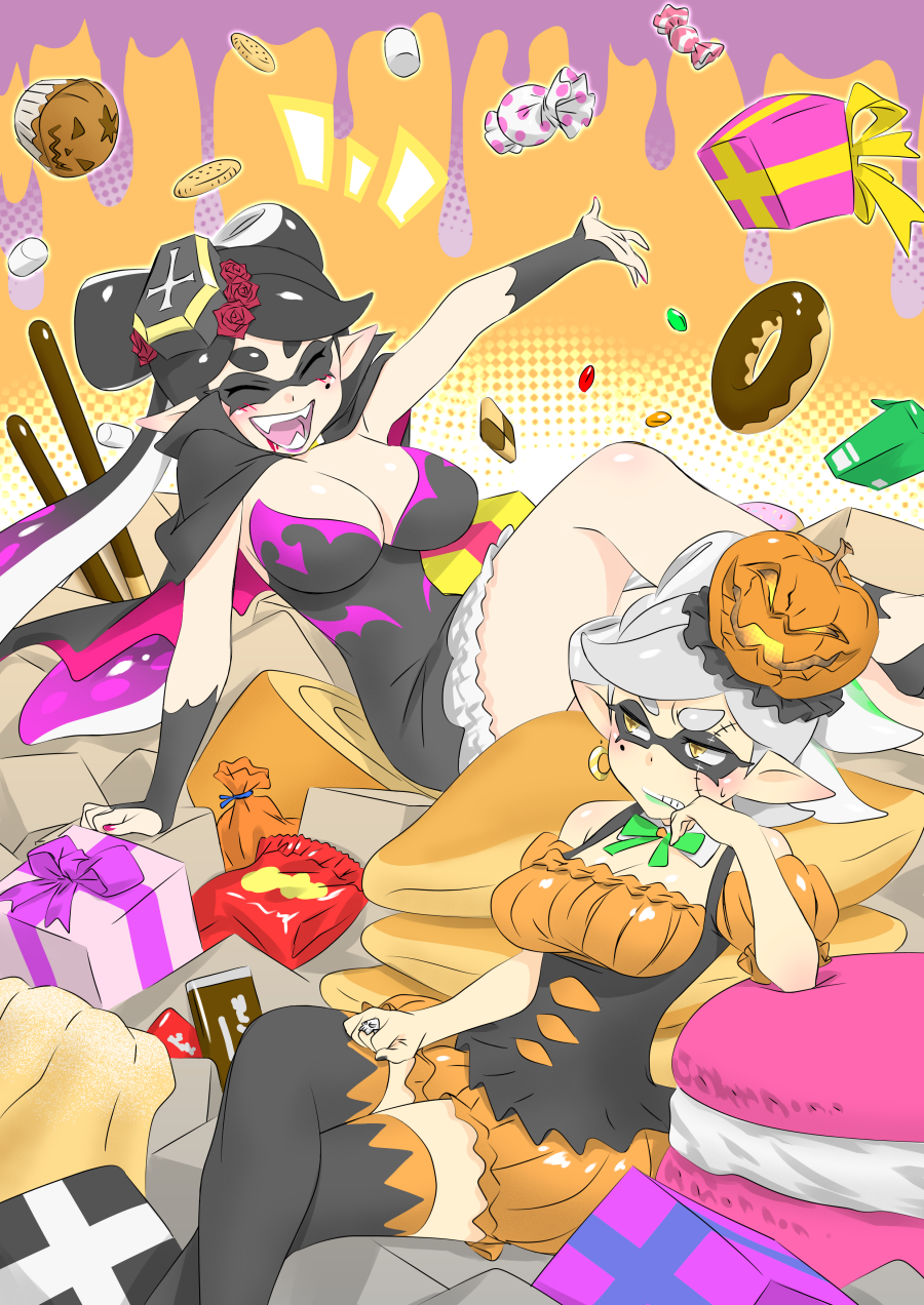2girls, black_hair, black_legwear, black_nails, blush, box, breasts, callie_(splatoon)