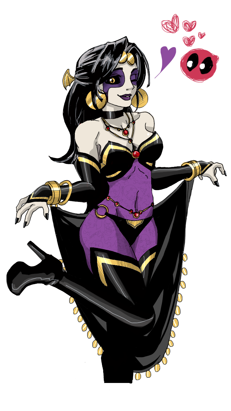 1girl, black_hair, black_nails, black_sclera, boots, breasts, choker, cleavage