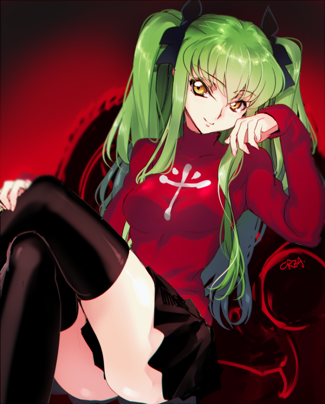 1girl, c.c., code_geass, cosplay, creayus, crossed_legs, fate/stay_night, fate_(series)