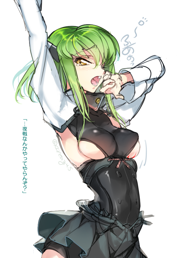 1girl, alternate_hair_length, alternate_hairstyle, armpits, artist_name, breasts, c.c., code_geass