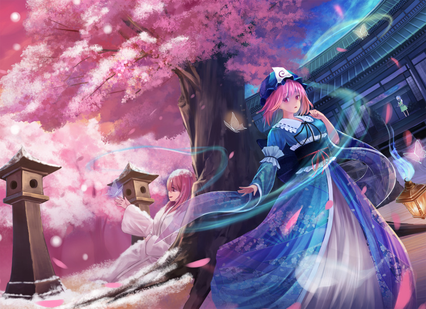 3girls, ascot, bangs, blue_sky, breasts, butterfly, cherry_blossoms, crying