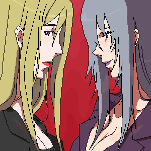 2girls, bangs, blonde_hair, breasts, cleavage, earrings, formal, grey_hair
