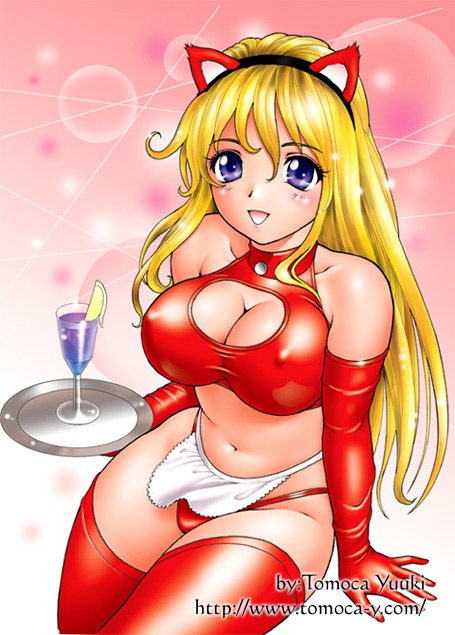 bb, blonde_hair, blush, breasts, cat_ears, cleavage, cleavage_cutout, curvy, erect_nipples, fake_animal_ears, food, fruit, glass, gloves, hairband, large_breasts, lemon, lemon_slice, maid, open_mouth, plate, purple_eyes, smile, thigh-highs, thighhighs, tit_window, violet_eyes, yuuki_tomoka