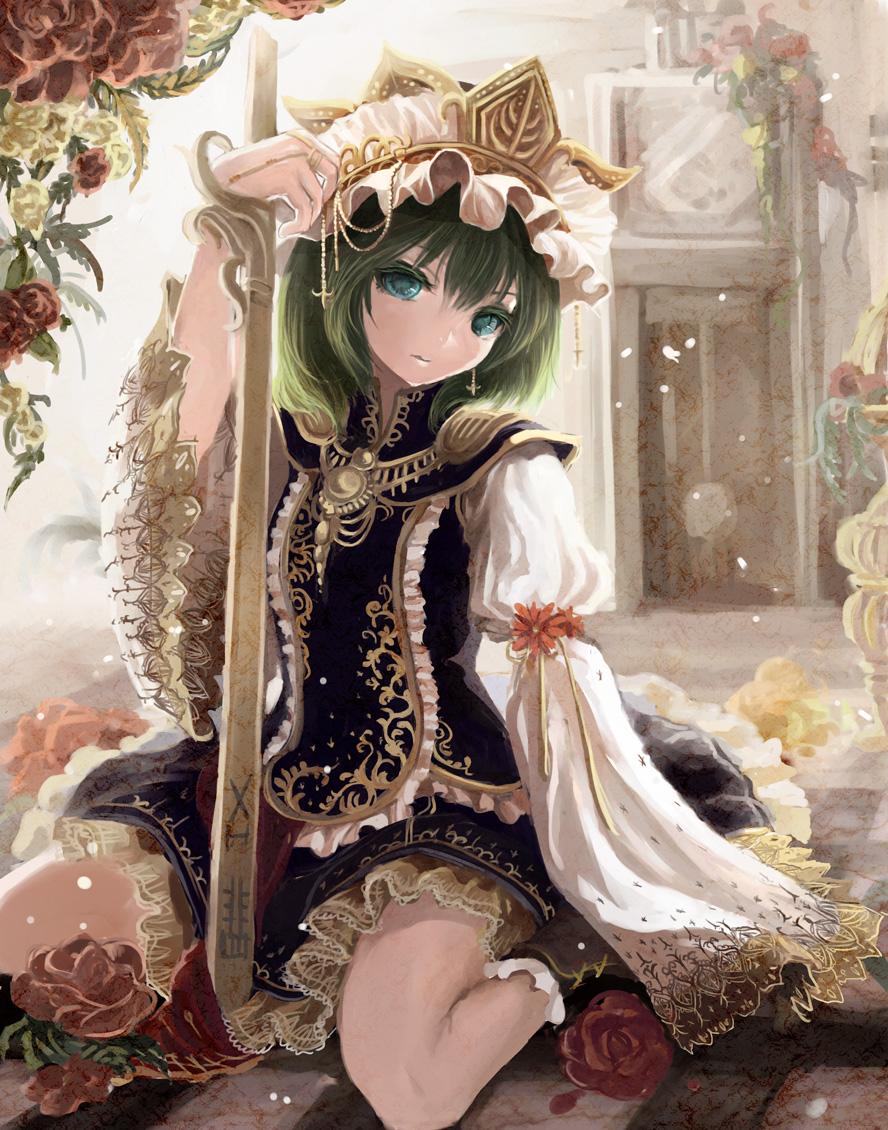 1girl, alternate_costume, arm_ribbon, black_legwear, blue_eyes, blue_skirt, blue_vest, boots