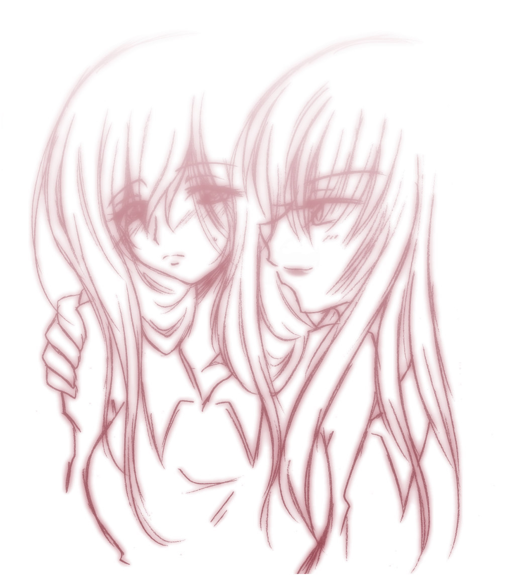 2girls, bangs, blush, embarrassed, hand_on_shoulder, higurashi_no_naku_koro_ni, long_hair, monochrome