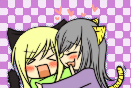 2girls, animal_ears, bangs, blonde_hair, blush, cat_ears, cat_tail, chibi