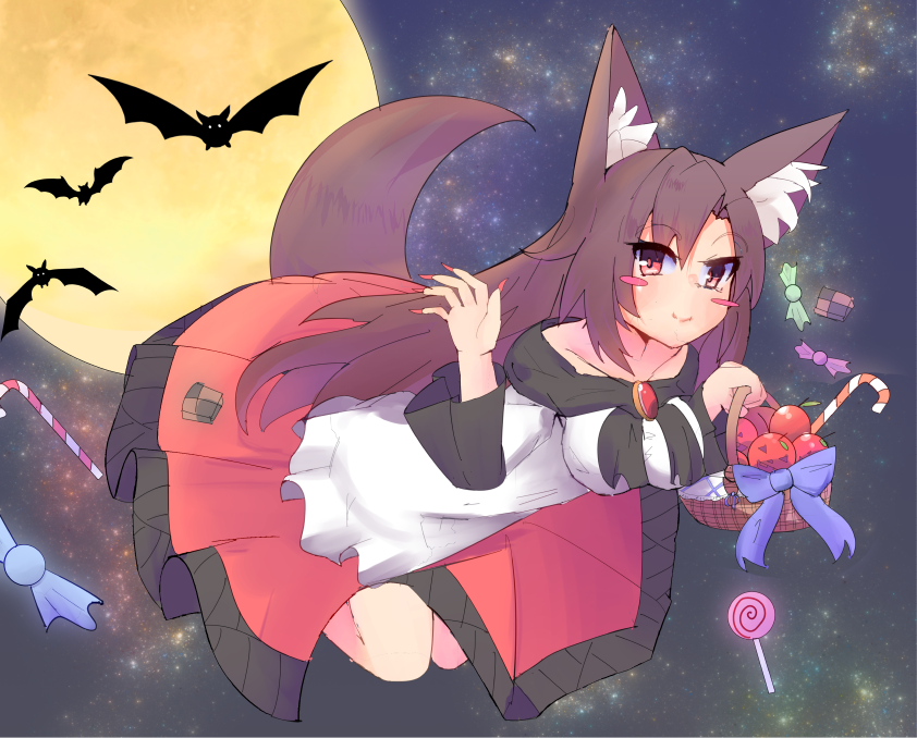 1girl, animal_ears, apple, bat, blush_stickers, breasts, brooch, brown_hair, candy, candy_cane, collarbone, dress, fingernails, food, fruit, full_moon, halloween, imaizumi_kagerou, jewelry, long_fingernails, long_hair, long_sleeves, looking_at_viewer, mikagami_jun, moon, nail_polish, red_eyes, smile, solo, tail, touhou, wolf_ears, wolf_tail