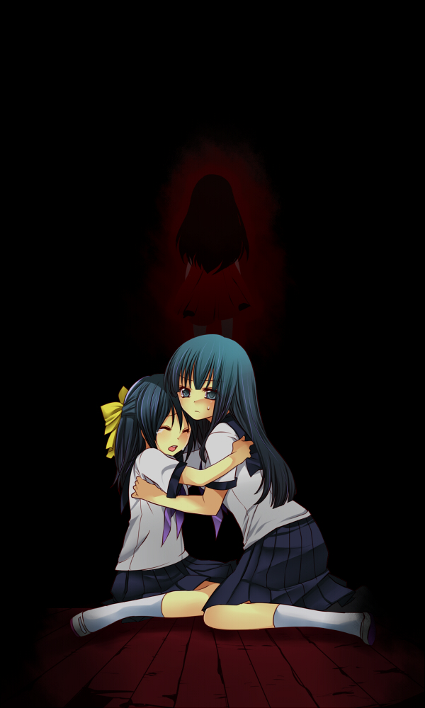 2girls, bangs, black_hair, blue_eyes, blue_hair, bow, corpse_party, corpse_party_zero, crying, dress, hair_bow, hair_ribbon, hasegawa_kaori, hasegawa_shiho_(corpse_party), hime_cut, hug, long_hair, looking_at_viewer, multiple_girls, onoe_junki, red_dress, ribbon, ruins, school_uniform, seiza, serafuku, shinozaki_sachiko, siblings, sisters, sitting, tears