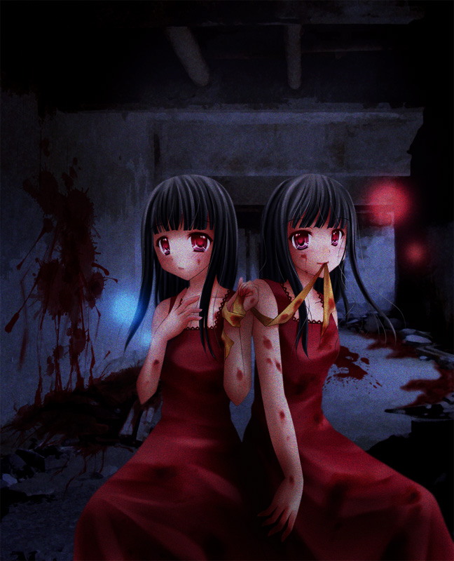 2girls, bangs, blood, blood_on_face, blood_splatter, blush, character_check, corpse_party